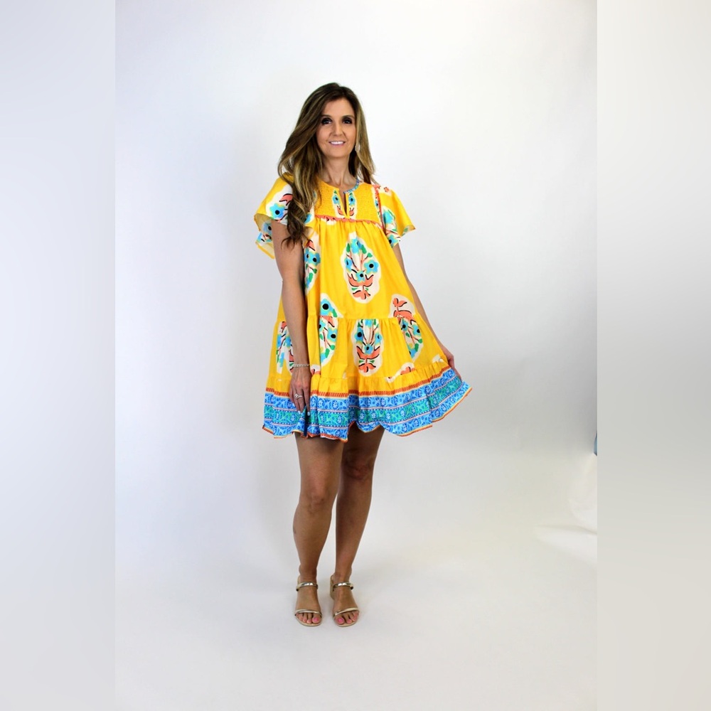 Umgee Boho Floral Print Mini Dress in Goldenrod